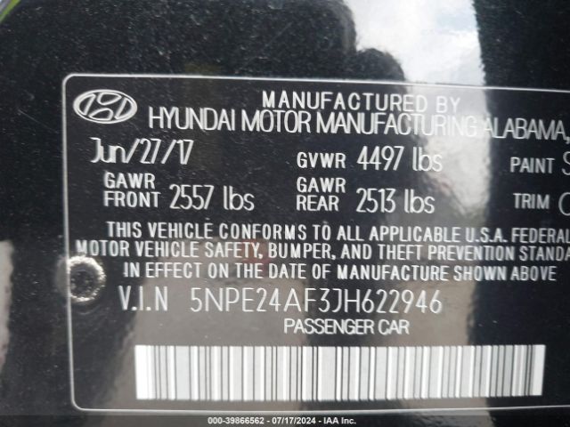 5NPE24AF3JH622946 Hyundai SONATA SE