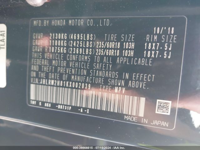 JHLRW2H81KX002039 Honda Cr-v Ex-l