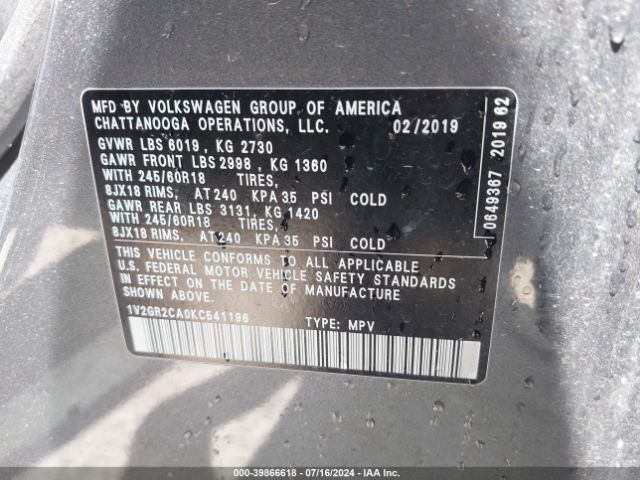 1V2GR2CA0KC541196 Volkswagen Atlas 3.6l V6 S