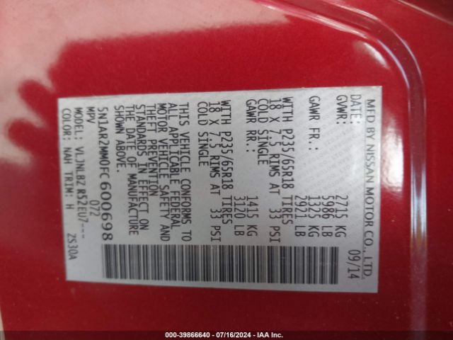 5N1AR2MM0FC600698 Nissan Pathfinder S