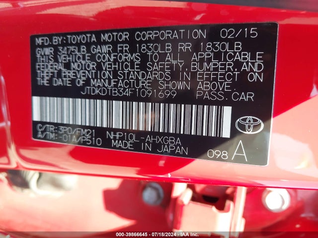 Toyota Prius C Three 2015 JTDKDTB34F1091699 Image 9