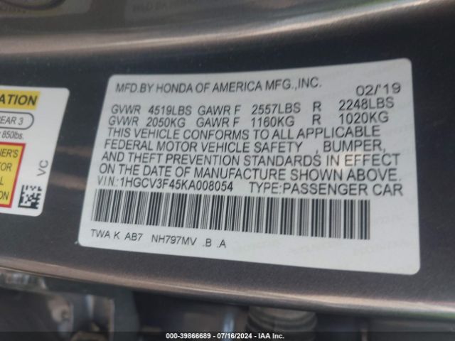 1HGCV3F45KA008054 Honda Accord Hybrid Ex