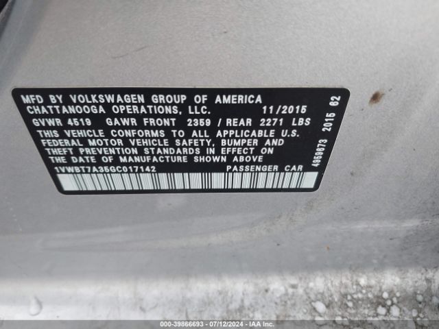 1VWBT7A35GC017142 Volkswagen Passat 1.8t Se