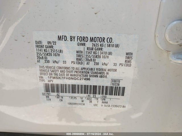 Ford Explorer Limited 2022 1FMSK7FH0NGC27496 Image 9