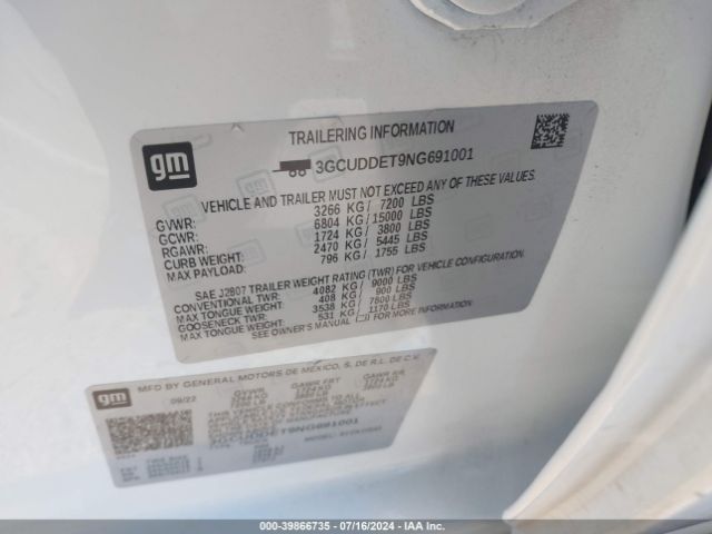 3GCUDDET9NG691001 Chevrolet Silverado 1500 4wd  Standard Bed Lt