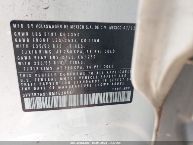 3VV3B7AX1NM152886 Volkswagen Tiguan 2.0t Se