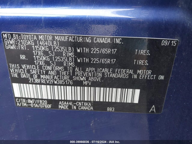 Toyota RAV4 LE 2015 2T3BFREV2FW385176 Image 9