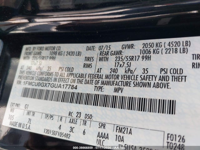 Ford ESCAPE SE 2016 1FMCU0GX7GUA17784 Image 9