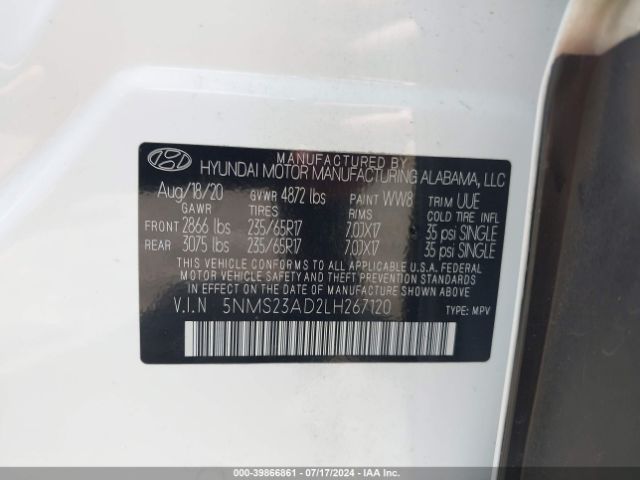5NMS23AD2LH267120 Hyundai Santa Fe Se