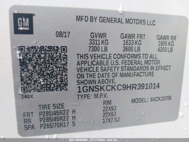 1GNSKCKC9HR391014 Chevrolet Tahoe Premier