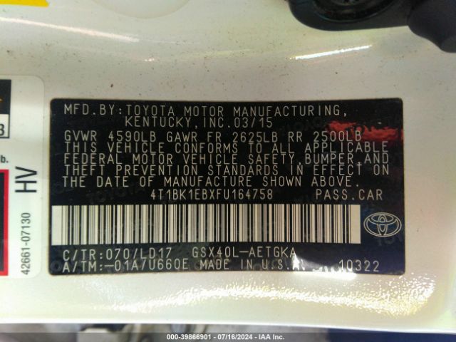 4T1BK1EBXFU164758 Toyota AVALON XLE