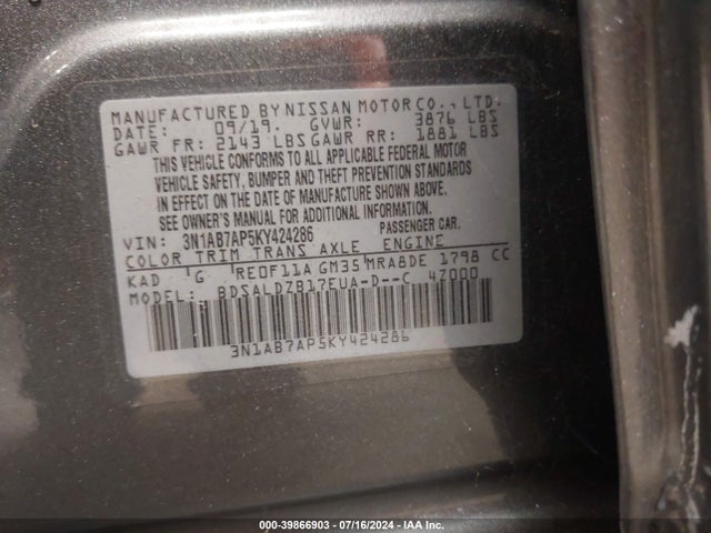 Nissan SENTRA SV 2019 3N1AB7AP5KY424286 Image 9