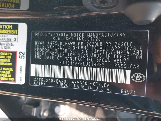 Toyota CAMRY SE 2020 4T1G11AK6LU919933 Image 9