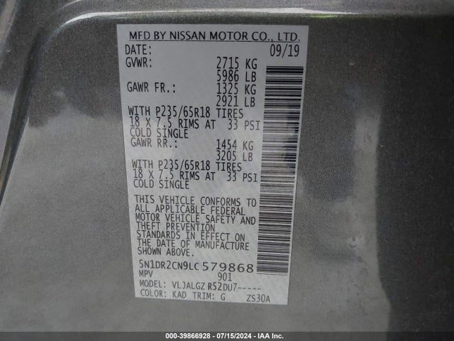 Nissan Pathfinder Sl 2wd 2020 5N1DR2CN9LC579868 Image 9