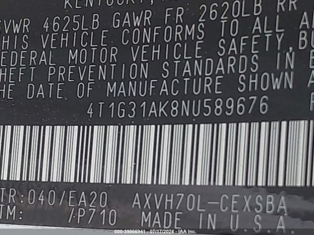 4T1G31AK8NU589676 Toyota Camry Se Hybrid