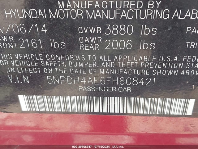 Hyundai ELANTRA SE 2015 5NPDH4AE6FH608421 Image 9