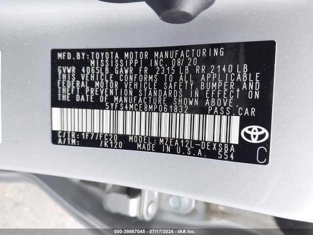 Toyota COROLLA SE 2021 5YFS4MCE8MP061832 Image 9