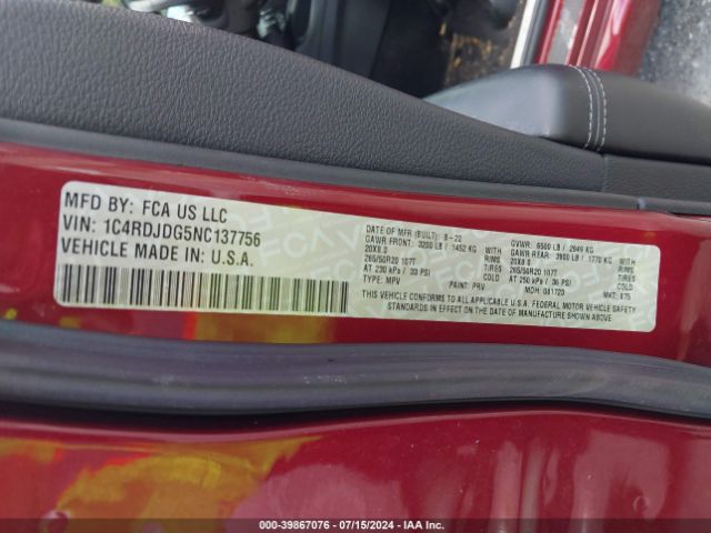 1C4RDJDG5NC137756 Dodge Durango Gt Plus Awd