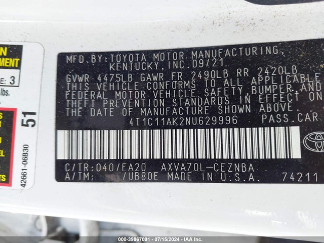 Toyota CAMRY LE 2022 4T1C11AK2NU629996 Image 9