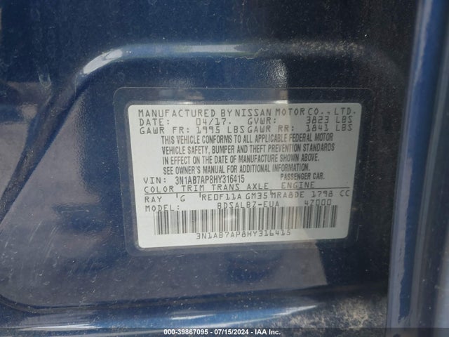Nissan SENTRA S 2017 3N1AB7AP8HY316415 Image 9