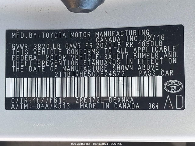 Toyota COROLLA LE 2016 2T1BURHE5GC624572 Image 9