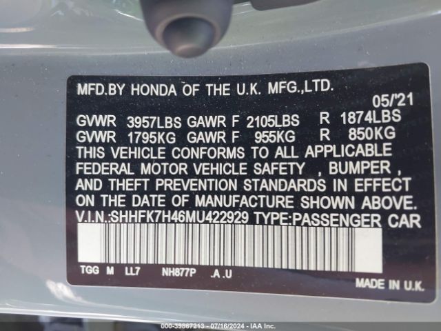 SHHFK7H46MU422929 Honda Civic Sport