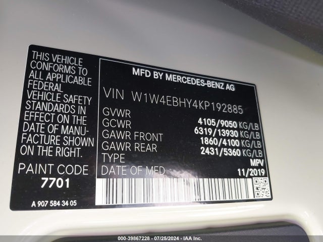 W1W4EBHY4KP192885 Mercedes-Benz Sprinter 2500 High Roof V6/standard Roof V6