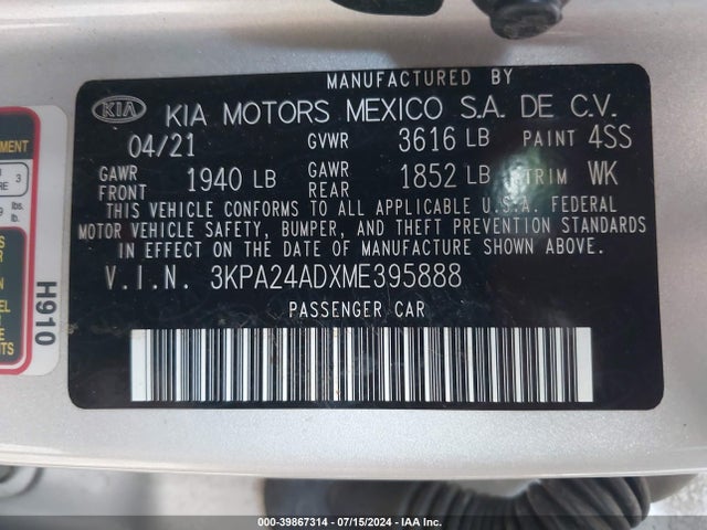 KIA RIO LX 2021 3KPA24ADXME395888 Image 9