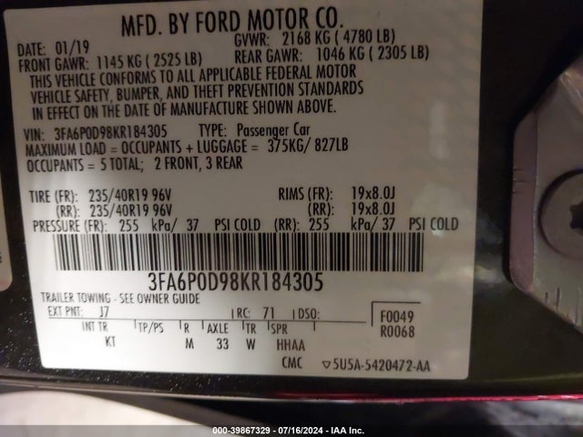 Продажа на аукционе авто 2019 Ford Fusion Titanium, vin: 3FA6P0D98KR184305, номер лота: 39867329