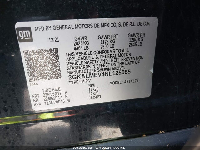 3GKALMEV4NL125055 GMC Terrain Fwd Sle
