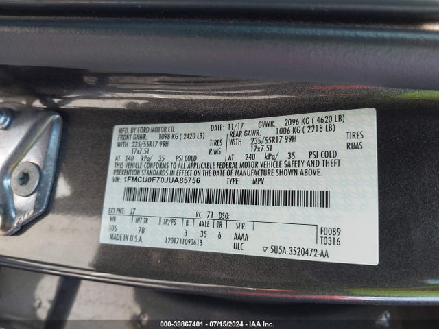 Ford ESCAPE S 2018 1FMCU0F70JUA85756 Image 9