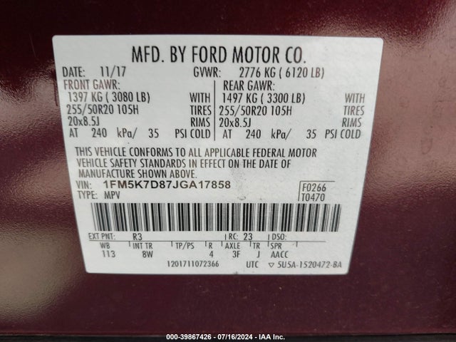 Ford EXPLORER XLT 2018 1FM5K7D87JGA17858 Image 9
