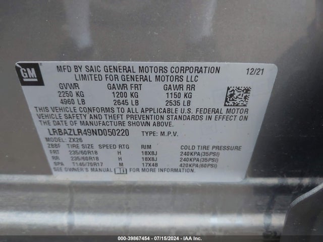 LRBAZLR49ND050220 Buick Envision Fwd Preferred
