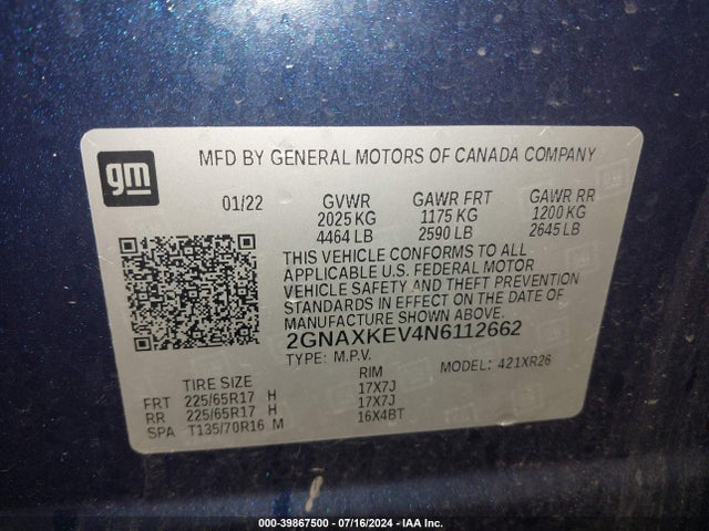 2GNAXKEV4N6112662 Chevrolet Equinox Fwd Lt