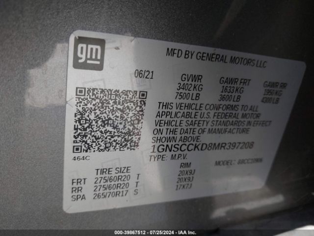 1GNSCCKD8MR397208 Chevrolet Suburban 2wd Lt