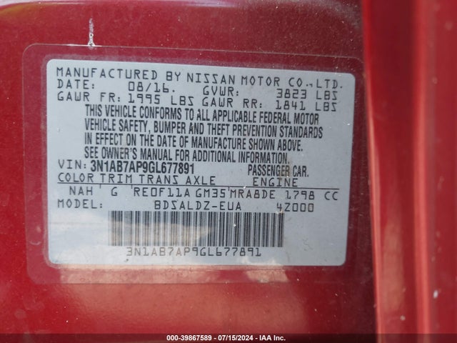 Nissan SENTRA SV 2016 3N1AB7AP9GL677891 Image 9
