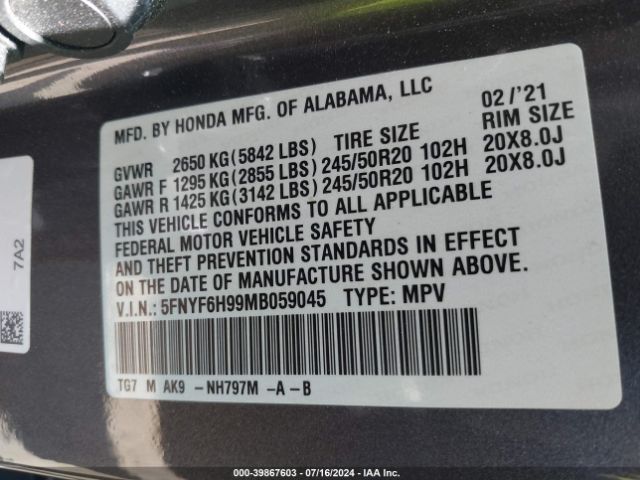 5FNYF6H99MB059045 Honda Pilot Awd Touring 8 Passenger
