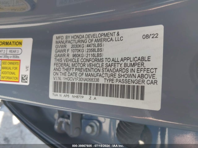 1HGCV1F30NA068338 Honda Accord Sport