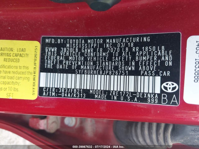 Toyota COROLLA LE 2018 5YFBURHE8JP826751 Image 9
