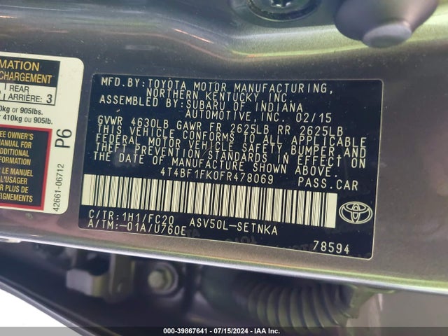 Toyota CAMRY LE 2015 4T4BF1FK0FR478069 Image 9