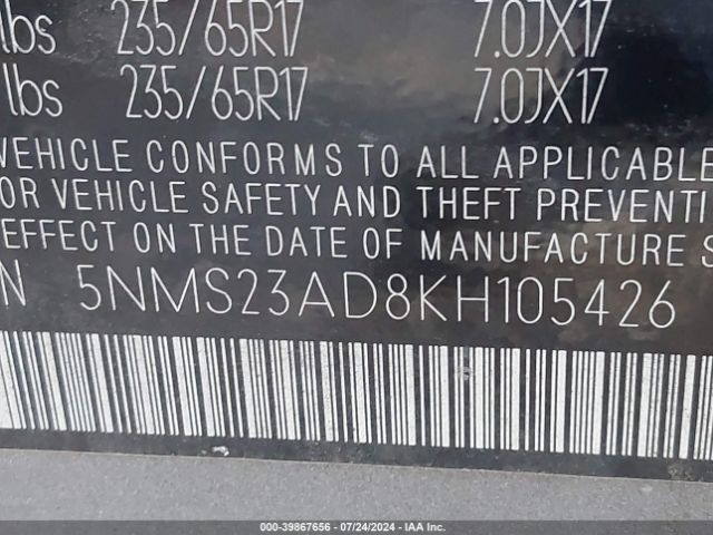 5NMS23AD8KH105426 Hyundai Santa Fe Se