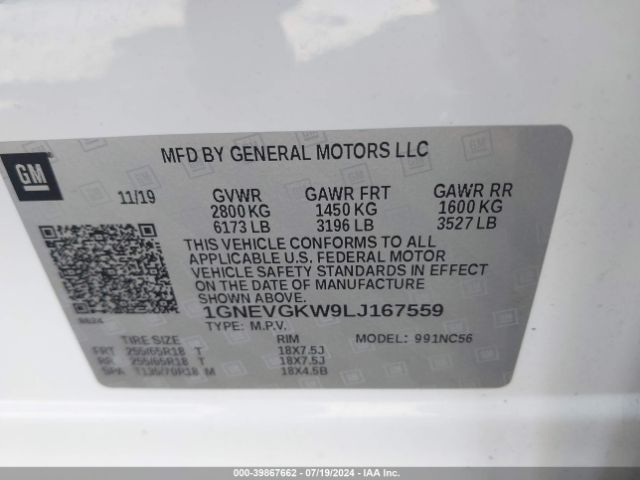 1GNEVGKW9LJ167559 Chevrolet Traverse Awd Lt Cloth