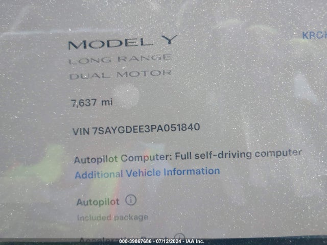 7SAYGDEE3PA051840 Tesla Model Y Awd/long Range Dual Motor All-wheel Drive