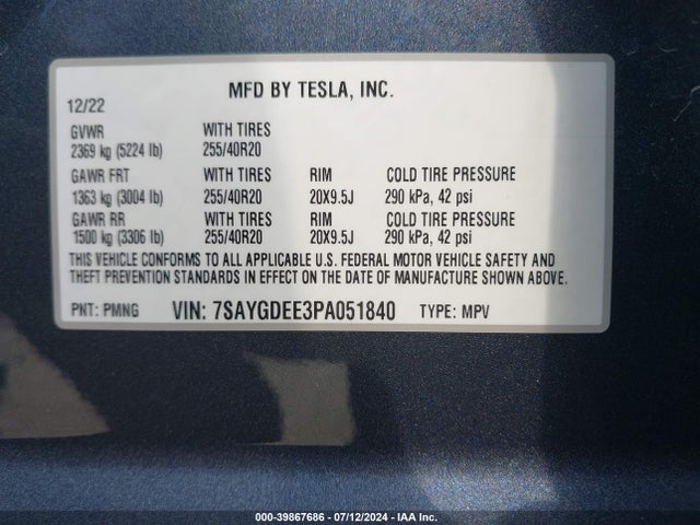 7SAYGDEE3PA051840 Tesla Model Y Awd/long Range Dual Motor All-wheel Drive
