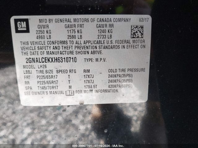 2GNALCEKXH6310710 Chevrolet EQUINOX LT