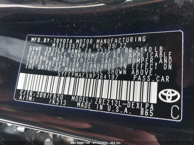 Toyota COROLLA LE 2022 5YFEPMAEXNP364197 Image 9