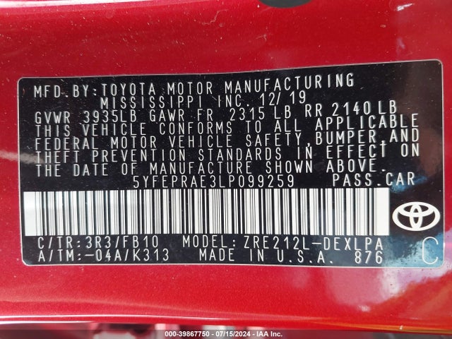 Toyota COROLLA LE 2020 5YFEPRAE3LP099259 Image 9