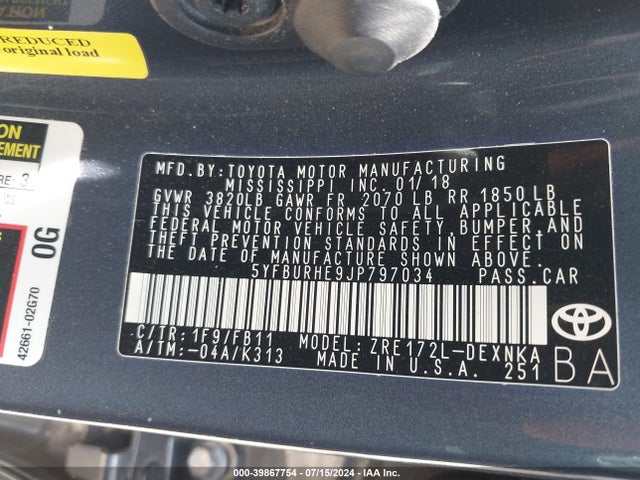 Toyota COROLLA LE 2018 5YFBURHE9JP797034 Image 9