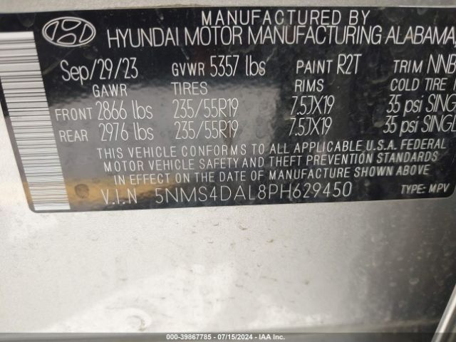 5NMS4DAL8PH629450 Hyundai Santa Fe Limited