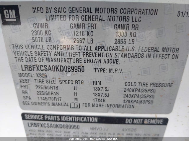 LRBFXCSA0KD089950 Buick Envision Fwd Essence